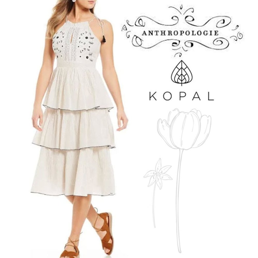 KOPAL Anthropologie White Glitter Izzy Embroidered Tiered Dress Medium